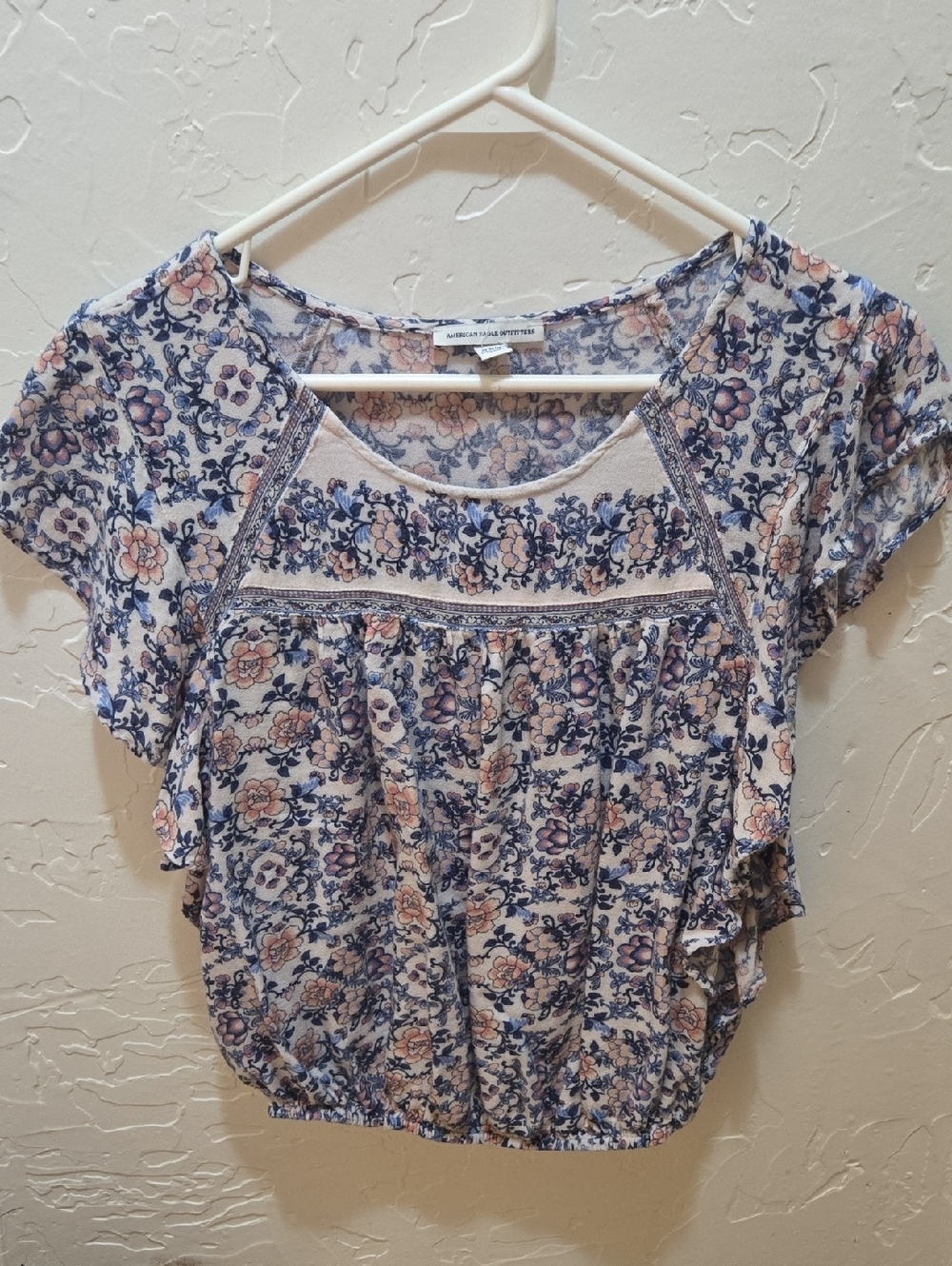 American Eagle Outfitters Cream Blouse with Blue & Peach Floral Print